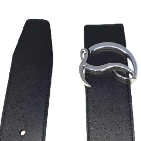 Christian Louboutin CL Logo Belt 40mm Black Calfskin Red Lining Silver Buckle - Picture 4 of 7